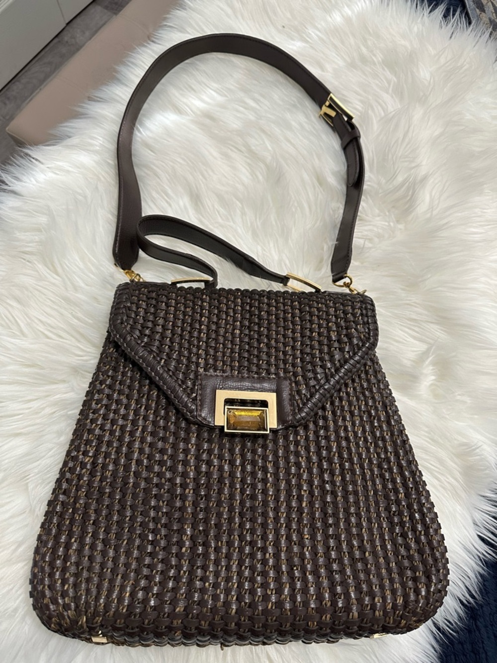 Kara Ross Brown Woven Shoulder Bag with Gold Hardware
